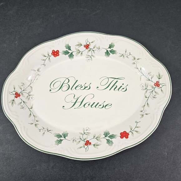 Pfaltzgraff Winterberry Oval Ceramic BLESS THIS HOUSE Holly Platter Plate - Picture 6 of 12